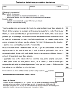 Fiche de positionnement test de lecture evaluation entrée en 6ime et score de fluence